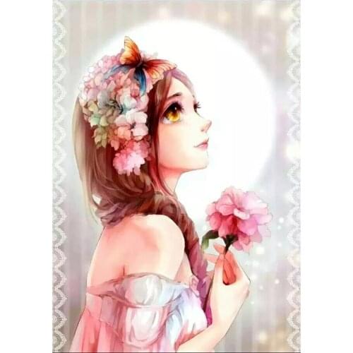5D DIY Cartoon Beautiful Girl With Flowers Diamond Painting Full Drill Embroidery Cross Stitch Mosaic Craft Home Decor Gift