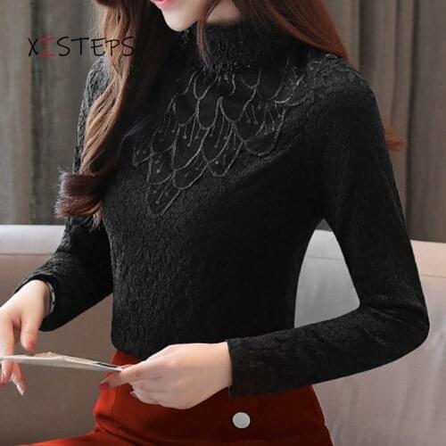 Elegant Women Lace Blouses Stand Collar Long Sleeve Thicken Bottoming Shirts Warm Fleeve Clothes Femme Blusas Winter Tops Pink