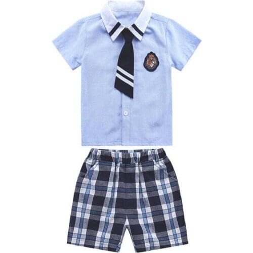 DFXD Children Boys Clothes 2018 New Summer Boy Clothes Set Blue Short Sleeve Blouse+Plaid Pant 2pcs Preppy Style Kids Set 2-8Y