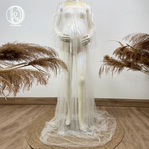 Don&Judy Beading Pearl Maternity Dresses Photography Long Dress Full Sleeve Tulle Long Dress For Maternity Photo Shoot 2021