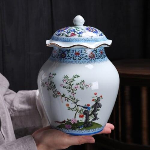 Enamel Painted Flower and Bird Storage Jar Home Large-capacity Art Ceramic Tea Cans Sealed Coffee Bean Food Cans Home Decoration