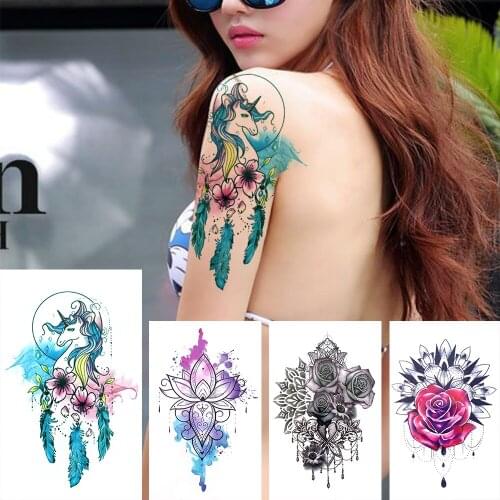 Falsh Unicorn Tattoos Sticker For Women Men Adult Waterproof Temporary Tattoos Realistic Fake Jewelry Flower Rose Lotus Tatoos