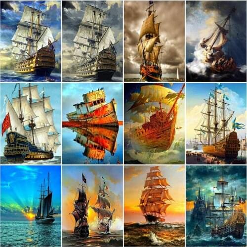 HUACAN Diy Frame Coloring By Number Ship Seascape Handpainted Wall Art Painting By Numbers Sea Kits Acrylic Home Decor