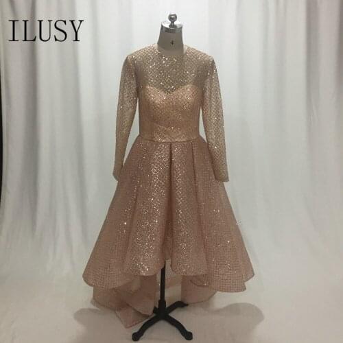 ILUSY Rose Gold Customize Glitter Evening Gowns Pleated Evening Dresses Long Sleeve Party Prom Gowns robe de soire