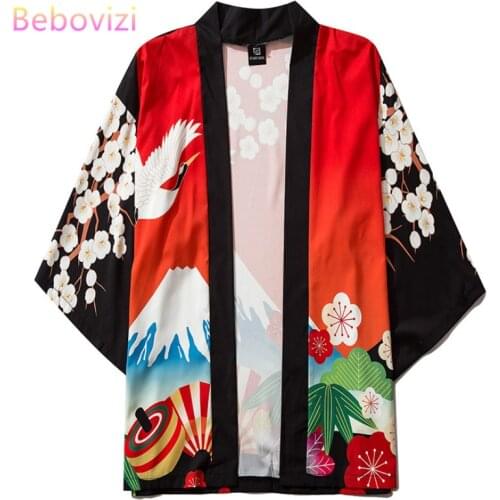 M-XXL Loose Red Crane Cherry Blossom Print Japanese Fashion Kimono Men and Women Cardigan Blouse Japan Cosplay Clothing Male