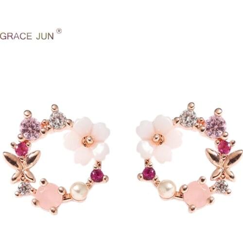 GRACE JUN Rhinestone Flower Butterfly Small Round Circle Clip Earrings and Pierced Earrings Charm Pearl CZ Wedding Party Jewelry