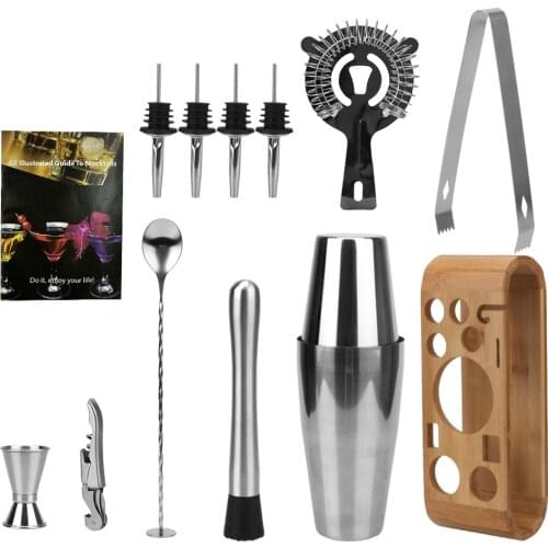 Cocktail Shaker Set Stainless Steel Bars Mixed Drinks Bartender Tools Mocktail Tools Wood Storage Stand Jigger Mixing Spoon Tong