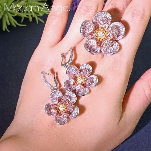 ModemAngel Flower Earrings Ring Set for Women Three Tone Gold Wedding Party Jewelry Gift Elegant Fashion Romantic