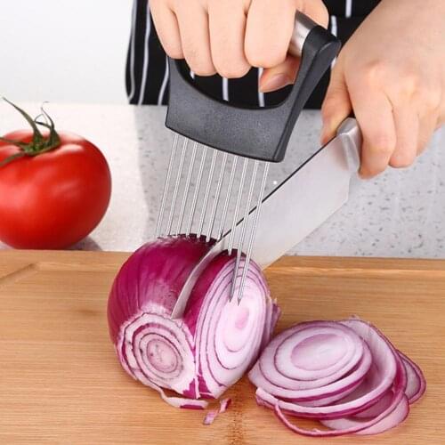 Stainless Steel Onion Holder Onion Cutting Tool Vegetables Slicer Cutting Aid Holder Guide Slicing Cutter Safe Fork Kitchen Tool
