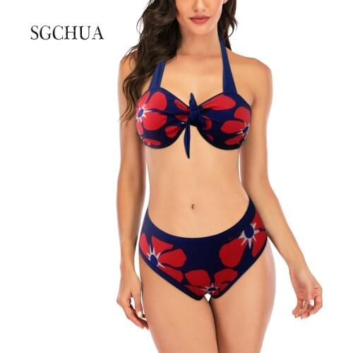 NEW Sexy Red Blue Floral Print Bikini Women Swimwear Female Swimsuit Push Up Two-Pieces Bikini Set Brazilian Bather Bathing Suit