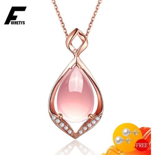 Bali Jelry Trendy Silver 925 Necklace Water Drop Shape Rose Quartz Zircon Gemstone Pendant Jewelry Accessories for Women Wedding