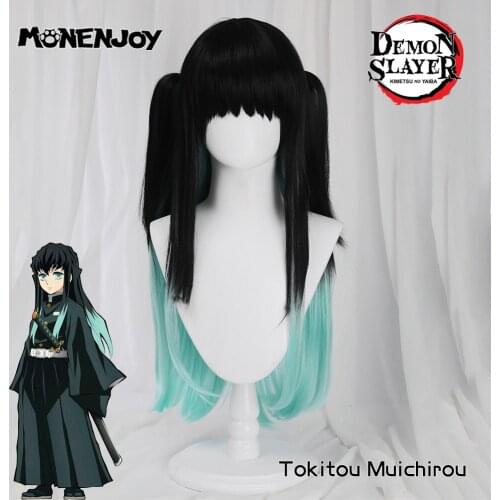 Monenjoy Demon Slayer Tokitou Muichirou Cosplay Wig Black Green Gradient Twin-tail Cos Hair