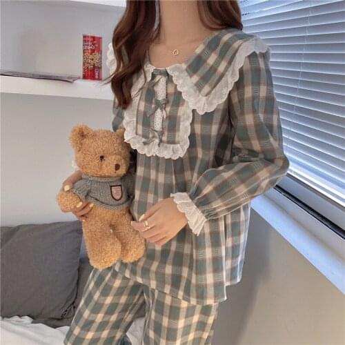 Autumn Sweet Lace Side Plaid Pajamas Set Women Bow Embroidery Pijama Ruffle Sleeve Sleepwear Loose Tops + Pants Home Clothes