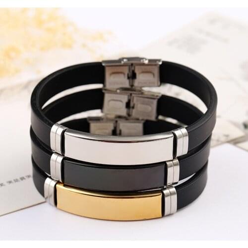 Stainless Steel Blank ID Tags Silicone Bangle For Engrave Silver Color/Golden/Black Metal Plate Bracelet Wholesale 10pcs