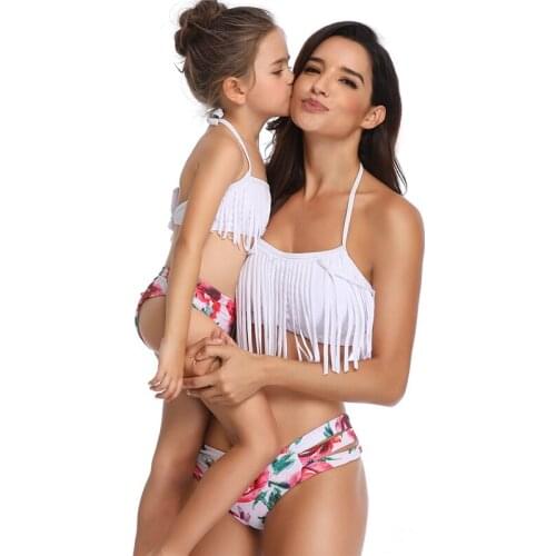 2020 ROSIELARS Family Matching Swimsuit Women and Girls Tassels Floral Two Piece Swimwear Bathing Bikini High Waist Beachwear
