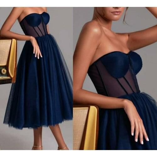 Sexy Strapless Short Navy Blue Tulle Evening Dresses Lace Up Back Sleeveless Tea Length Abendkleider Formal Party Gown for Women