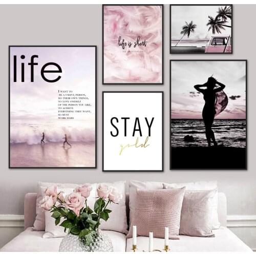 Tropical Seascape Palm Van Feather Girl Wall Art Canvas Painting Nordic Posters And Prints Wall Pictures For Living Room Decor