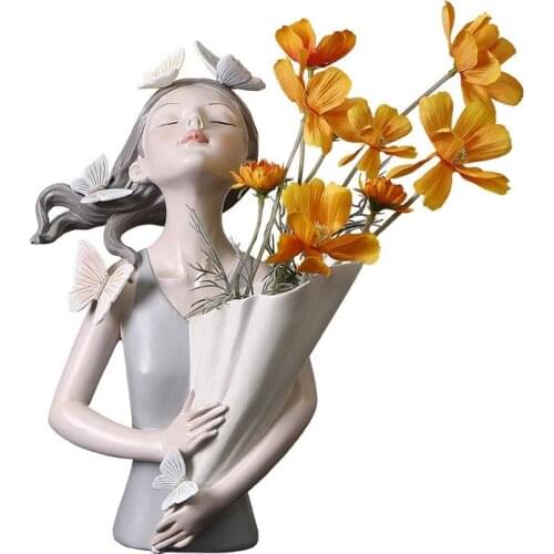 Statue Vase Figurines Sculpture House Living Room Home Decor Decorative Decoration Handmade Flower Arrangement Little Girl Blue