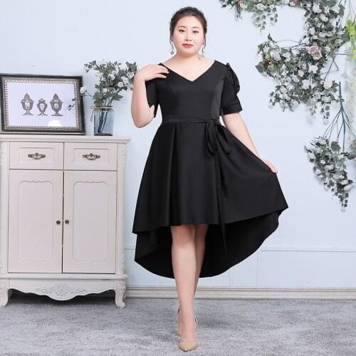 Evening Women Black Dress Short Sleeves Plus Size V-Neck Knee-Length Regular Lace Simple Zipper Asymmetrical Part Dresses D004