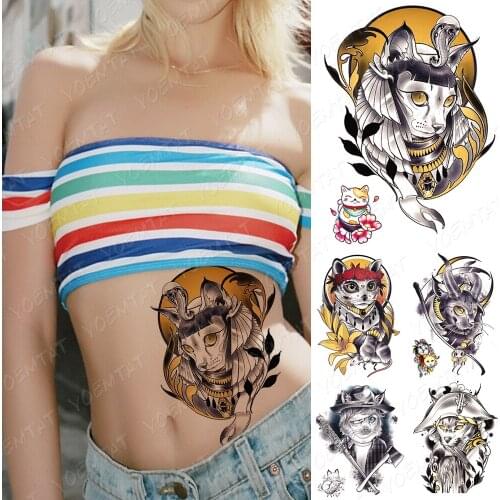 Waterproof Temporary Tattoo Sticker Egyptian Cat Pharaoh Flash Tattoos Moon Old School Body Art Arm Fake Tatoo Women Men