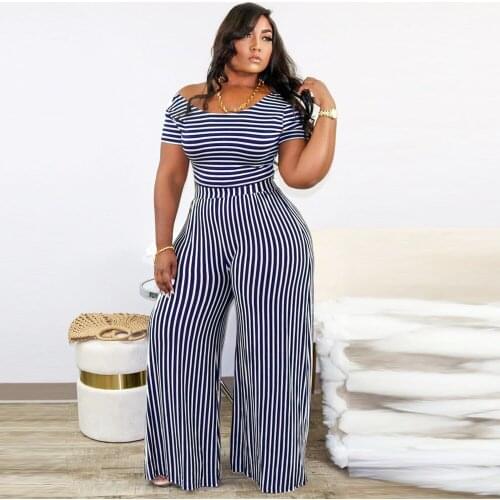 ZJFZML ZZ Women Clothing Two Piece Set Plus Size Striped Print Short Sleeve T-shirts and Wide Leg Pants Dropshipping Wholesale