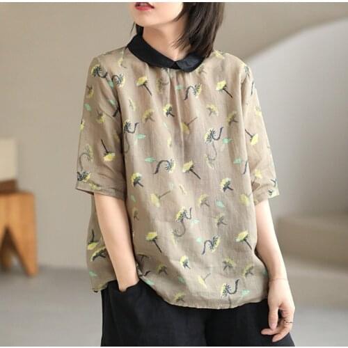 Summer Sweet Peter Pan Collar Women Shirt Printed Floral Thin Top Femme Comfortable Cotton Linen Blouses Female Short Sleeve New