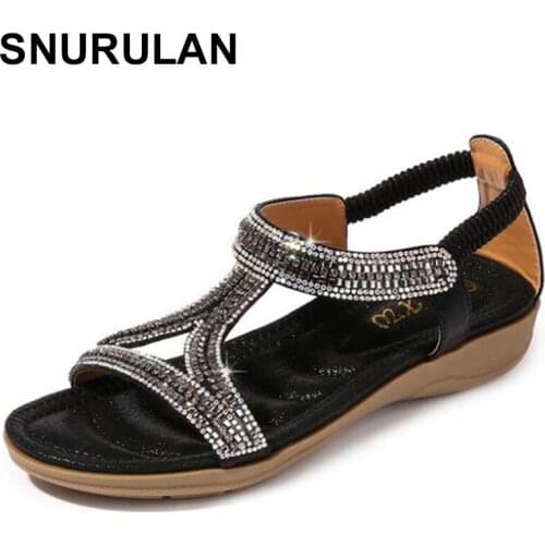 SNURULAN Women sandals 2020 new summer bohemian hollow triangle sandals rhinestones soft bottom wedge sandals flat shoes