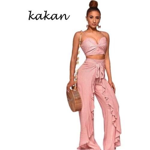 Kakan spring new womens jumpsuit two-piece casual female wide-leg pants suit stitching backless ruffled jumpsuit