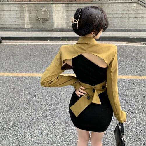 Autumn New Fashion Padded Shoulder Cross Strap Short Suit Jacket + Oblique shoulder Mini Sheath Dress Two piece set Women