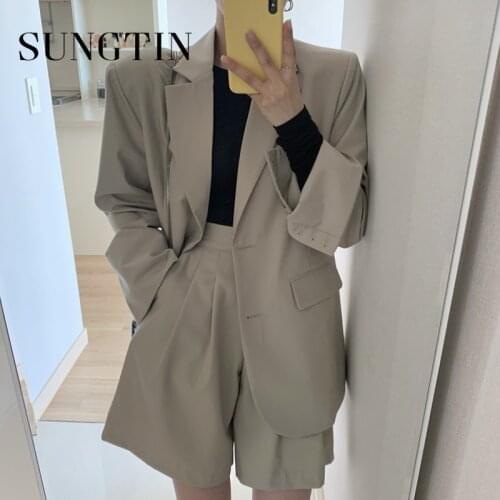 Sungtin Office Lady Blazer Jacket Two Piece Set Women Vintage Wide Leg Shorts Wide Leg Shorts Blazer Short Suits Casual Korean