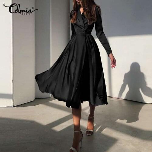 Plus Size Women Fashion Suit Collar High Waist Satin Dress Celmia Bandage Mid-calf Dresses Elegant Puff Sleeve Party Vestidos 7