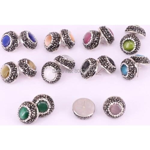 12Pair Round shape pave crystal rhinestone mix color cat eye stone stud earrings fashion jewelry finding