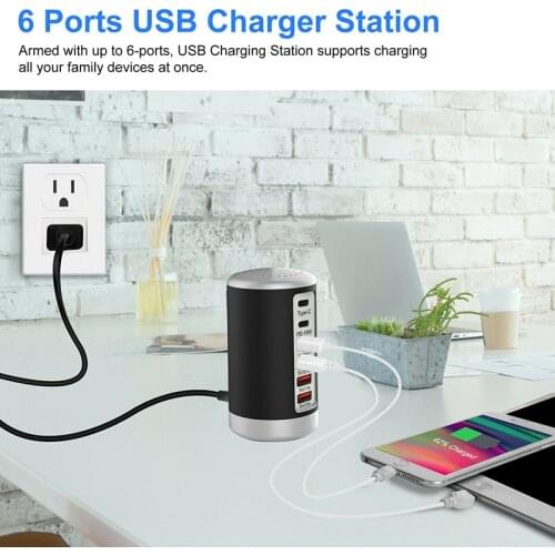 65 W PD Fast Charger 6 Ports USB Type-C Hubs Portable Desktop Charging Station Smart Cell Phone Charger Accessories US Plug