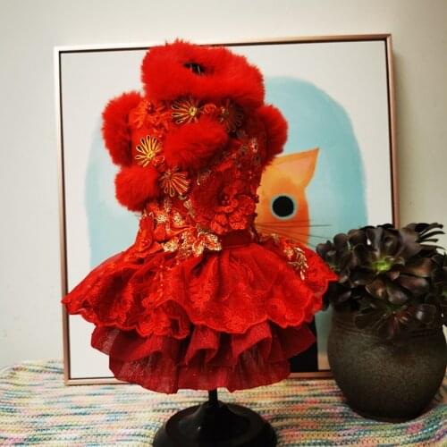Free Shipping Handmade Dog Clothes Pet Coat Red Festival Dress Fur Collar Warm Maltese Yorkie Poodle