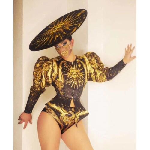 Long Sleeve Sun Print Bodysuit Outfit Party Costumes Stage Wear Dance Nightclub Costumes Singer Bodysuit With Headdress