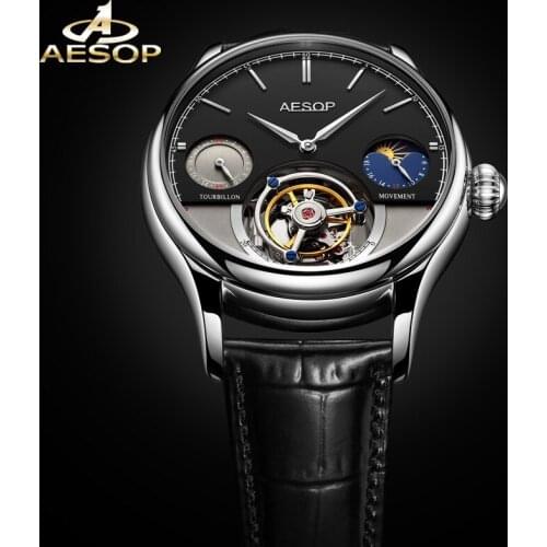 AESOP Black Case Moon Phase Waterproof Multifunctional Mechanical Watch AAA++ Real Tourbillon Movement Men Watch