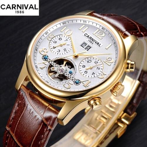 CARNIVAL Men Mechanical Watches Top Brand Luxury Tourbillon Automatic Watch Leather Waterproof Sport Wristwatch Relogio Masculin