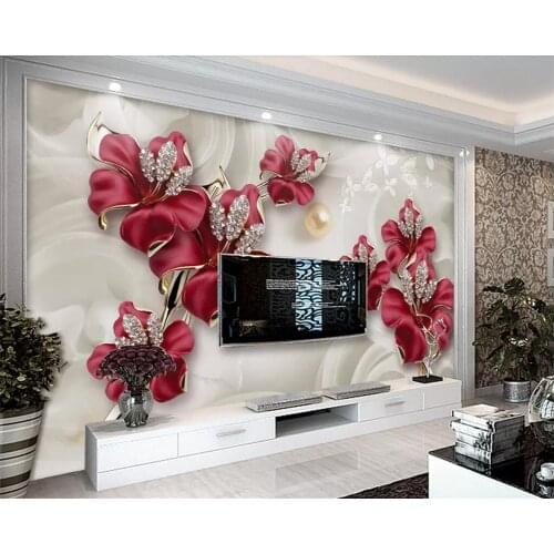 Beibehang European wallpaper murals exquisite three-dimensional jewelry red flowers TV background wall decoration 3d wallpaper