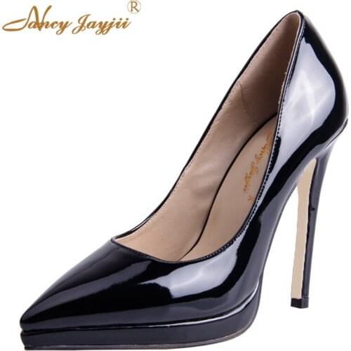 Classic Black Patent Leather Plain Shoes Platform Women Pointed Toe High Heels Basic Stiletto Pumps Dress Career Plus Size 4-16