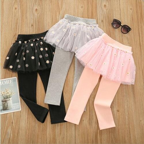 Girls' Leggings 2021 New Spring and Autumn Small Daisy Mesh Fake Two-piece Skirt Pants Korean Cotton Trousers for Baby Leggings