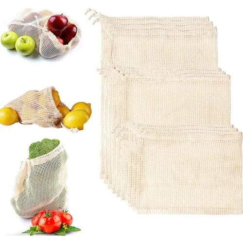 Organic Cotton Reusable Bag Mesh Cotton Produce Bags for Vegetable Fruit Bag Drawstring Natural Cotton Mesh String Shopping Bags