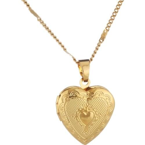 Trendy Gold Color Heart Locket Pendant Necklace with Engraved Cute Heart Women Jewelry
