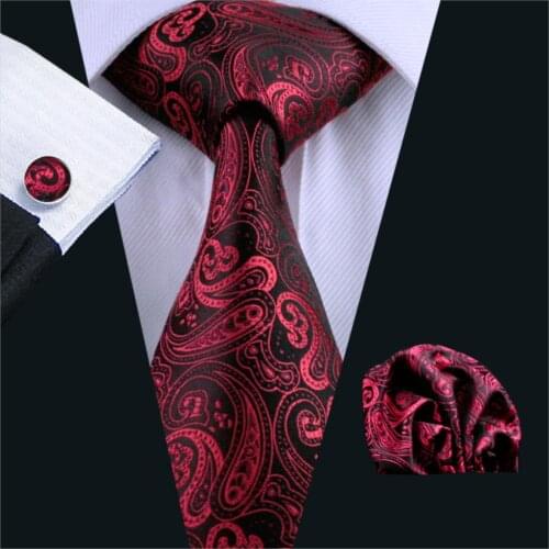 FA-314 Men`s Tie Red Paisley Silk Jacquard Woven Classic Tie Hanky Cufflinks Set For Men Business Wedding Party Free Shipping