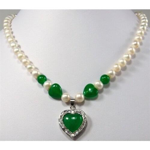 Wholesales -Jewelry Charming womens White Pearl Necklace& heart shape green jades pendant necklace free shipping