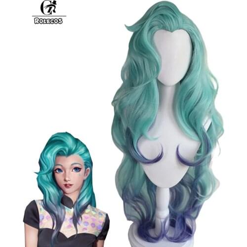 ROLECOS LOL Seraphine Cosplay Wig LOL KDA Seraphine Cosplay Long Wig Women Loose Wave Headwear Heat Resistant Synthetic Hair