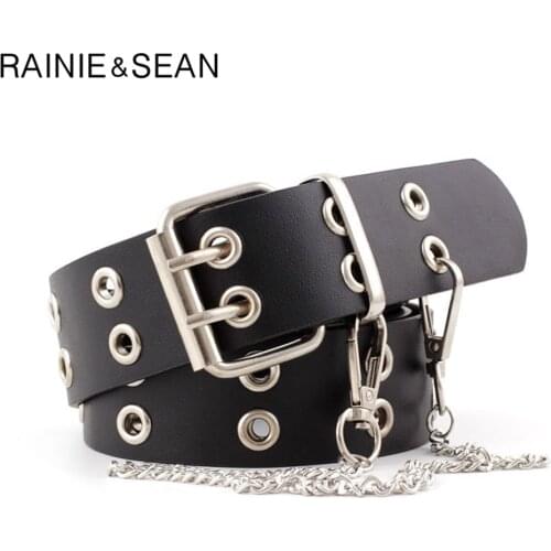 RAINIE SEAN Punk Rock Leather Belts for Women Black Coffee Chain Female Pin Buckle Belt Streetwear Belt Cinto 107cm