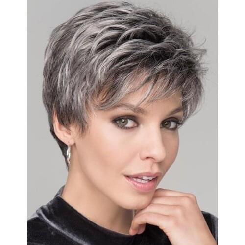 Louise Hair Short Pixie Cut Wig with Bangs Black Roots to White Grey Short Curly Hair Synthetic Wig for Women