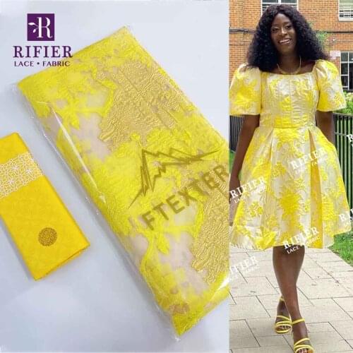 Yellow Bazin Riche And Net Lace With Embroidery 100% Cotton Net Lace For Women Party Dresses Organza Brocade Tulle Lace Fabric