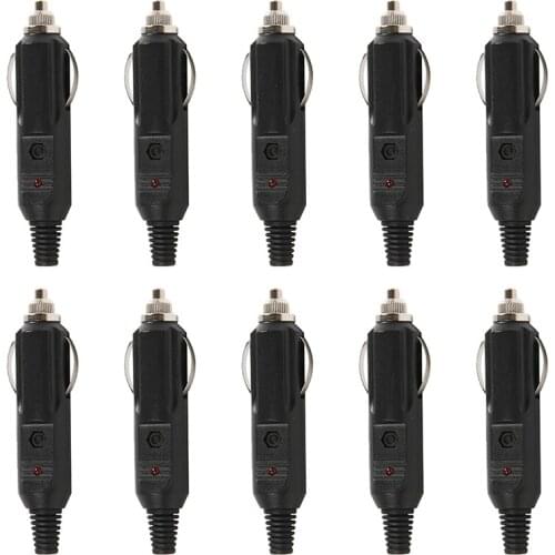 10pcs Male Car Cigarette Lighter Socket Plug Connector w/ Fuse Red LED 12-24V 10A