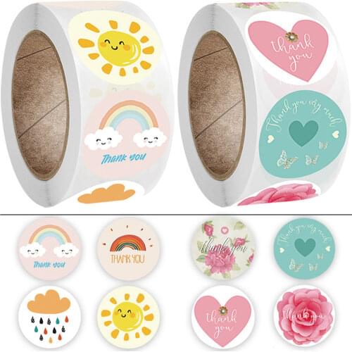 100-500pcs Round Cartoon Thank You Stickers Cute Sun Rainbow Rose Sticker For Handmade Gift Decor Labels Kids Reward Stickers